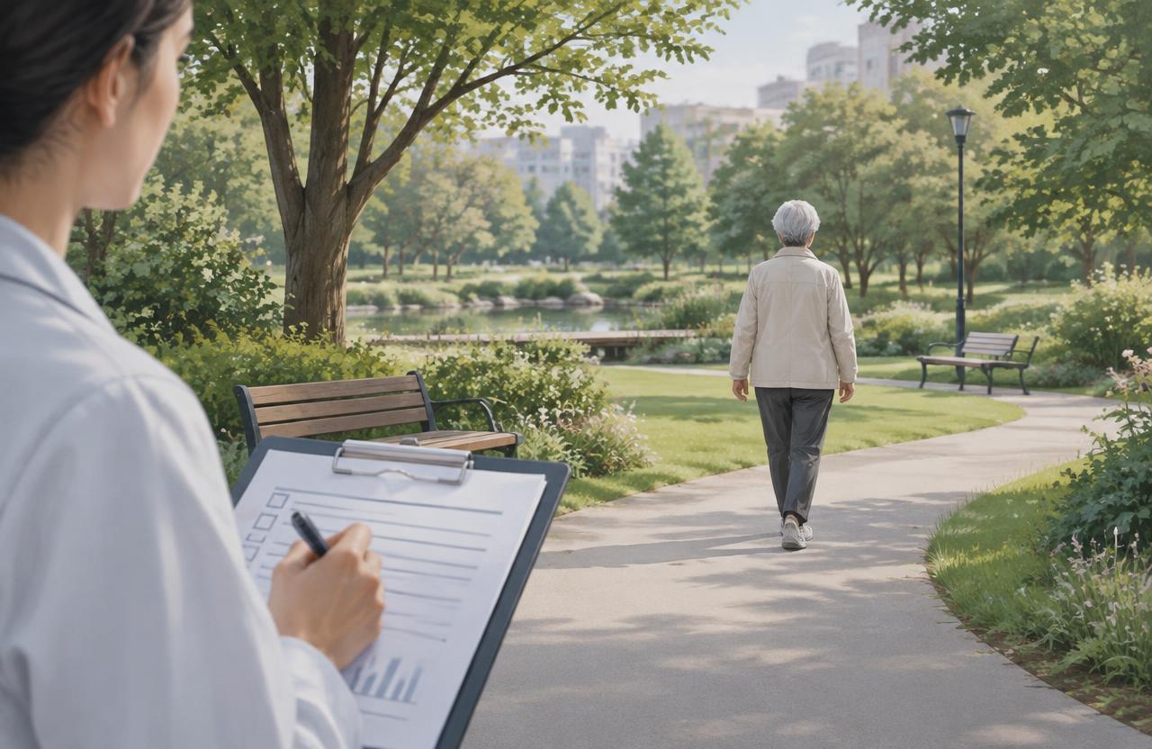 Conceptual illustration of an older adult walking in a park; not a project photograph.