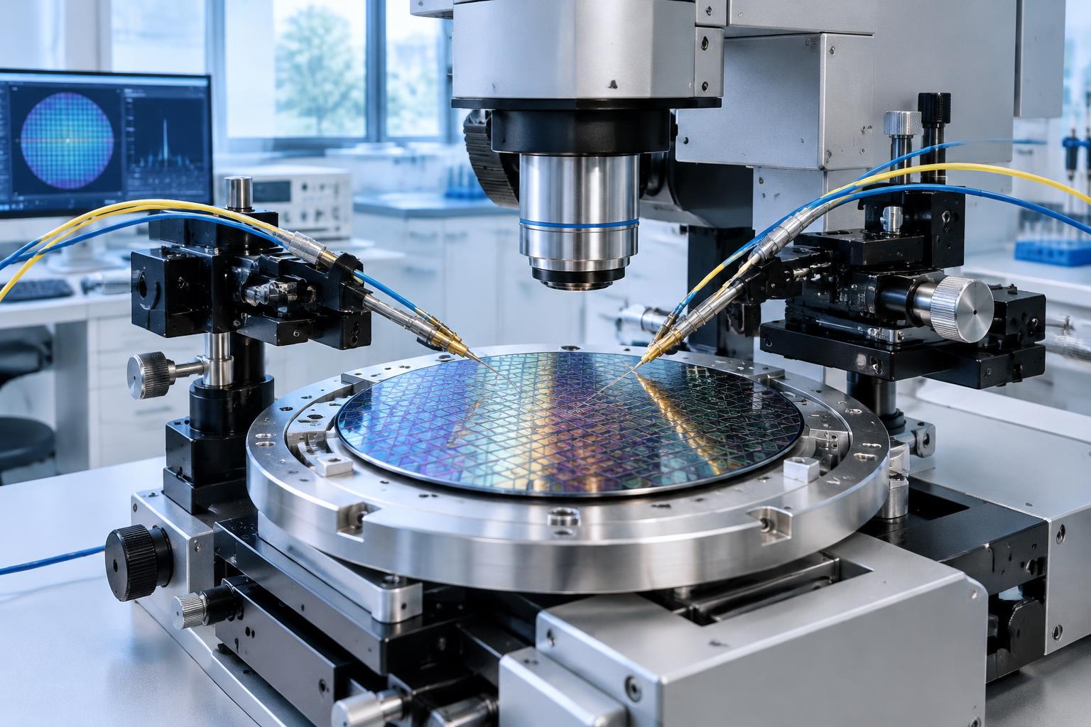 Conceptual illustration of photonics laboratory equipment.