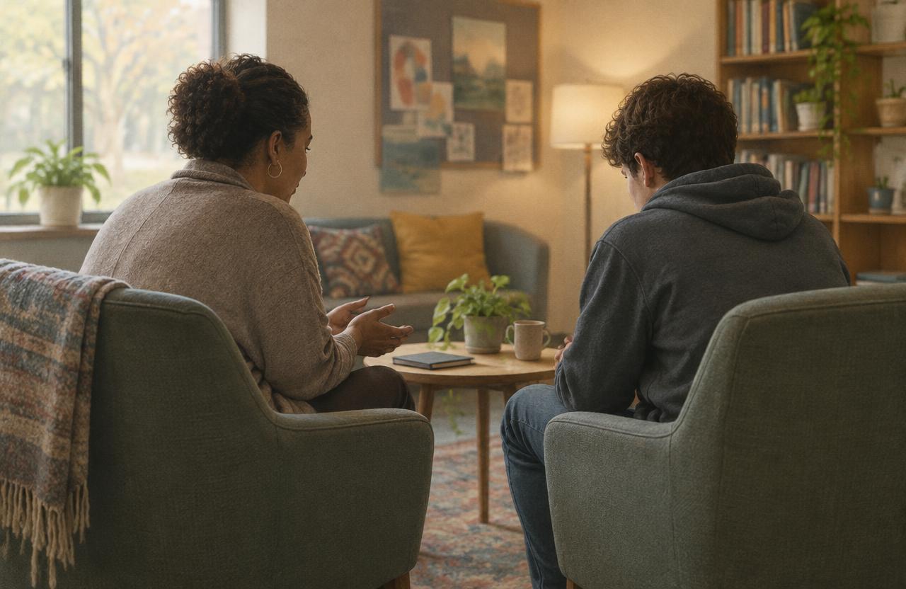 Conceptual illustration of a counsellor speaking with a young person; not a programme photograph.