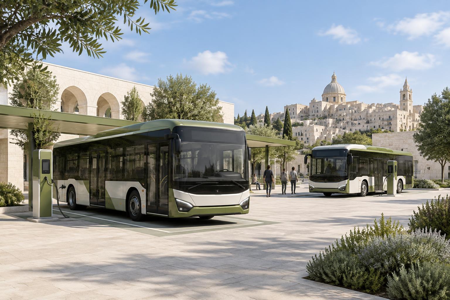 Conceptual illustration of electric buses and charging infrastructure.